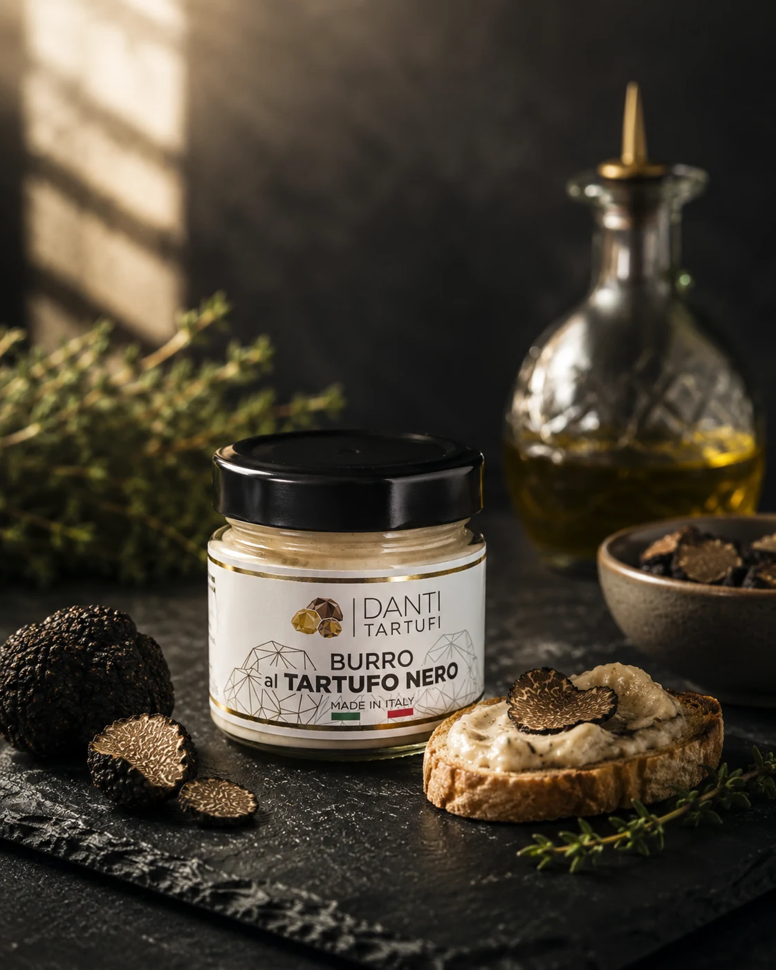 Burro al tartufo nero Danti Tartufi in ambientazione still life